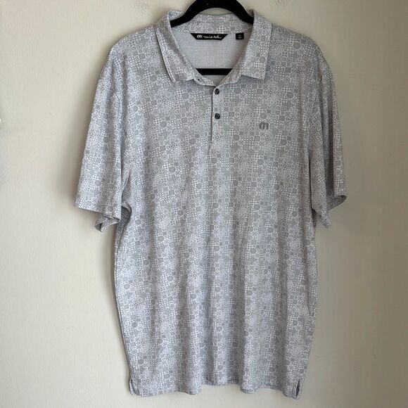 Travis Mathew Golf Polo Shirt Mens Size XXL 2XL Gray Allover Geometric Print EUC - Picture 1 of 8